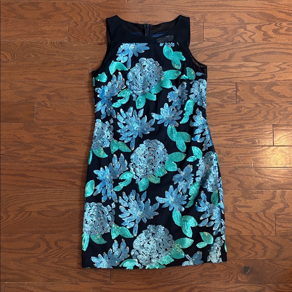 Badgley Mischka Black Sheath Dress with Blue and Teal Sequin Floral Design